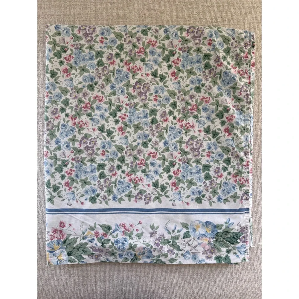 Vintage Dan River Percale Queen Flat Sheet White Blue Pink Floral Cottage